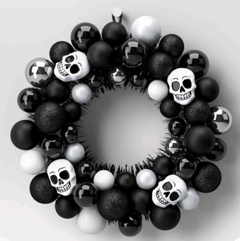 New Target 16in Halloween wreath with skulls black and white', shatterproof